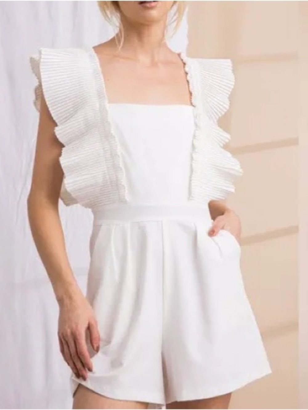 Lena White Ruffle Strap Romper with Pockets and Square Neck